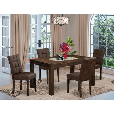 5 Piece Dinner Table Set consists A Kitchen Table and 4 Black Textured Polyester Fabric Dinner Chairs, Distressed Jacobean