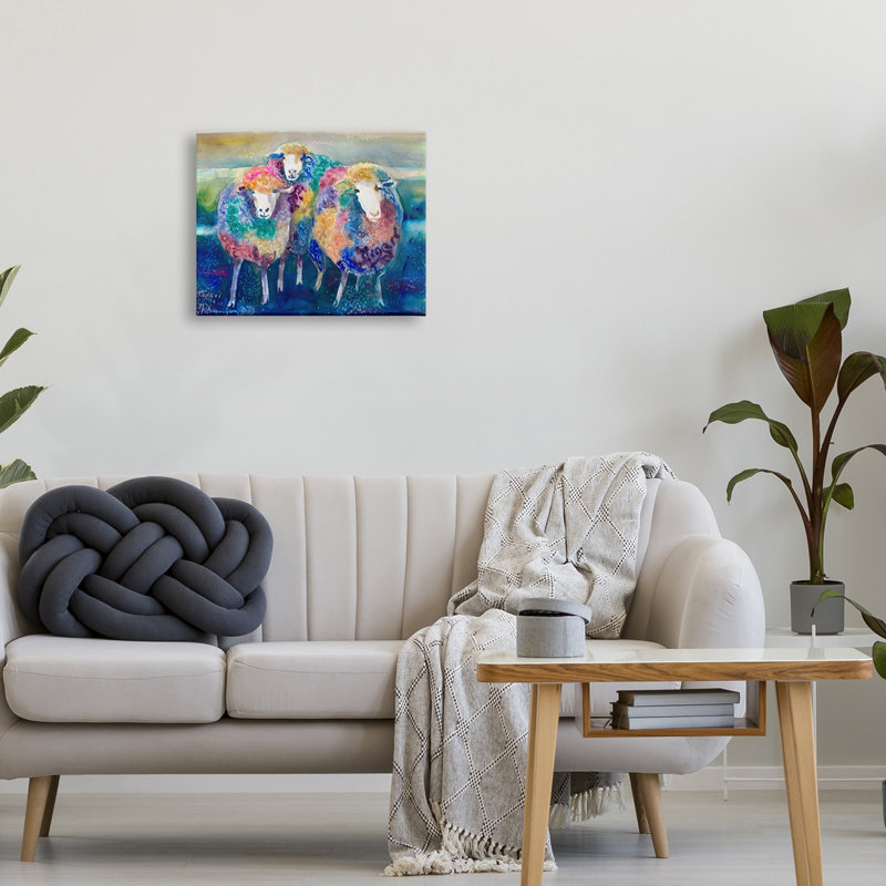 Conception amusante et mignonne «Bold Rainbow Farm Sheep» par MB Cunningham - Peinture, Toile tendue