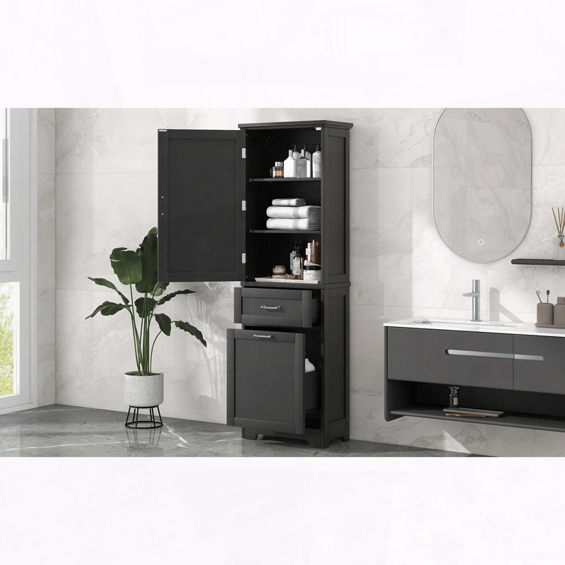 Tall Freestanding Storage Cabinet with Two Drawers and Adjustable Shelf, Black
