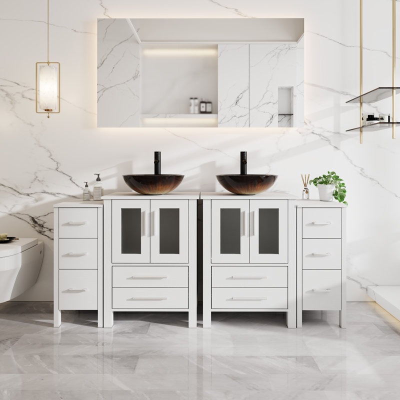 Ensemble de meuble-lavabo double 72 po avec robinet Veseel autoportant, robinet et bonde escamotable