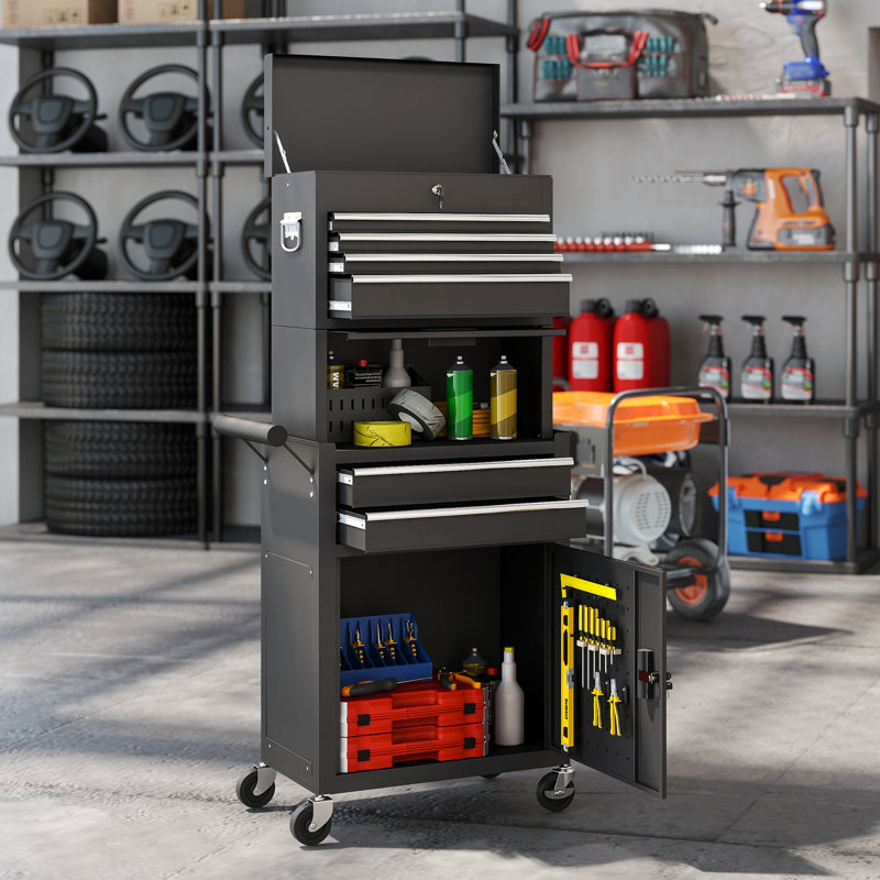 Armoire à outils avec 6 tiroirs, coffre à outils à roulettes 3 en 1, Noir