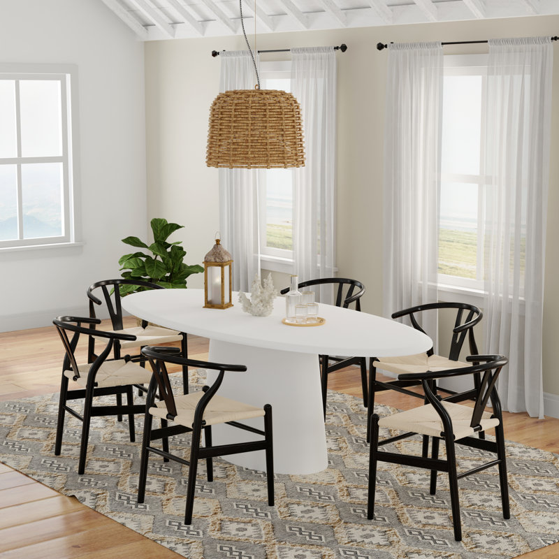 Deodat 79" Dining Table In Matte White And 6 Evelina Chairs In Rush Seat, Black/Natural