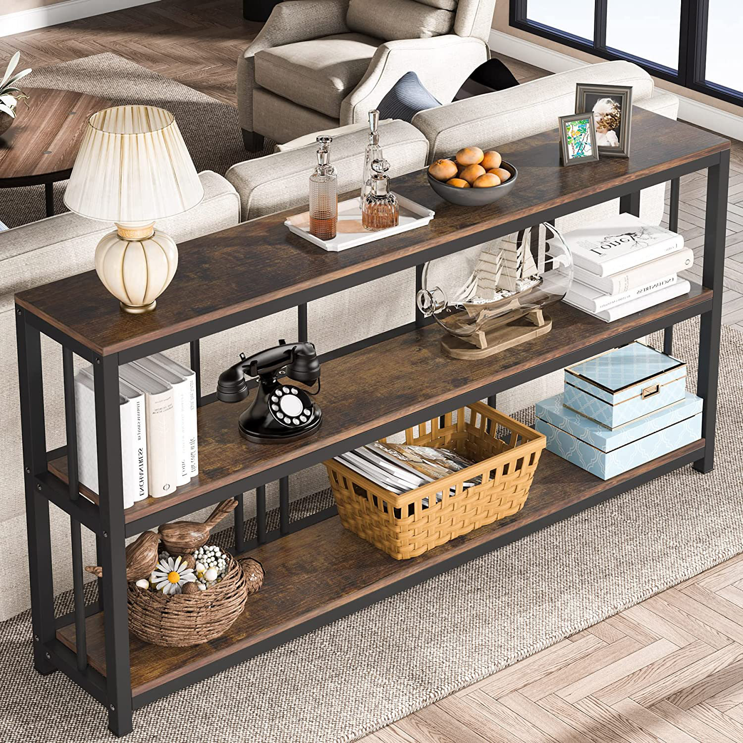 70.8 Console Table, Industrial Entryway Sofa Table with 3-Tier Shelves