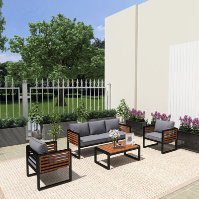 Ensemble de meubles de jardin 5 places gris, canapé d'extérieur 4 pièces avec coussins épais, structure en métal et bois durable et table basse en bois d'acacia