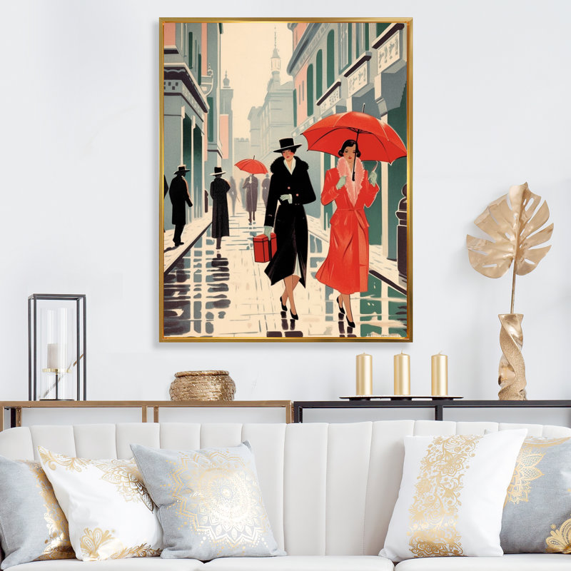 Art déco avec un parapluie rouge sur toile, H 44 po x l 34 po x P 1,5 po, Cadre flottant doré