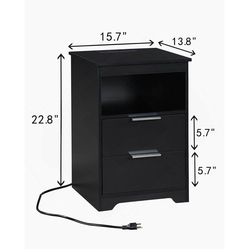 Table de chevet avec station de charge, table de bout à 2 tiroirs, table de bout en bois avec tiroir et tablette d'ouverture, table d'appoint pour chambre à coucher, noir