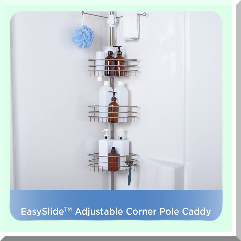 EasySlide Adjustable Height Shower Caddy with Rust-Resistant Shelves and Towel Bars