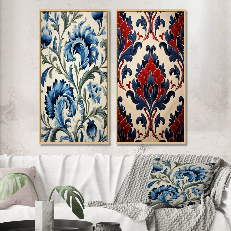 Floral Blue Turkish Tiles II - ensemble de 2 impressions sur toile florales abstraites, Cadre flottant brun