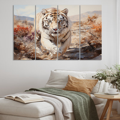«White Tiger On Rolling Grassland II», reproduction d'art mural - 4 panneaux