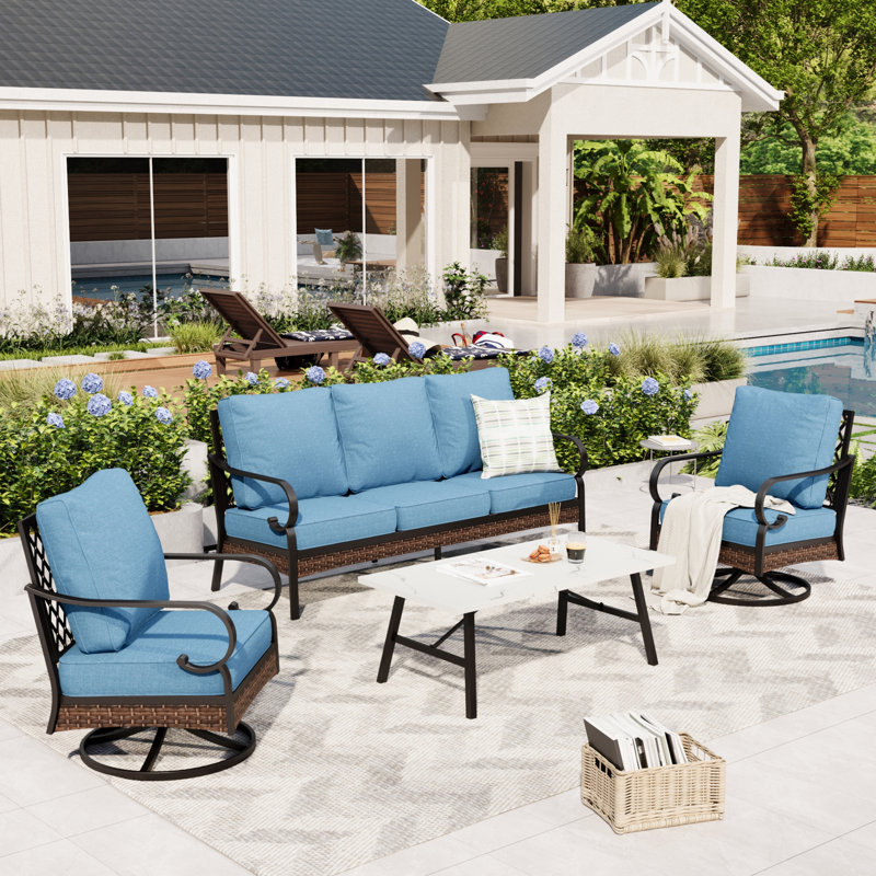 5 Person Outdoor Conversation Set With Swivel Lounge Chairs, Denim Blue