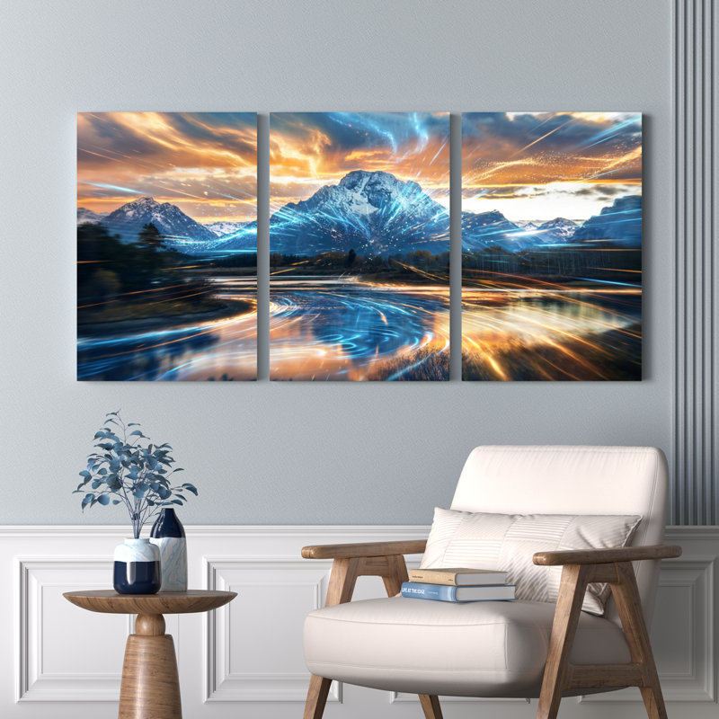 Ensemble de 3 tableaux sur toile représentant un coucher de soleil sur un paysage de montagne, H 30 po x l 60 po