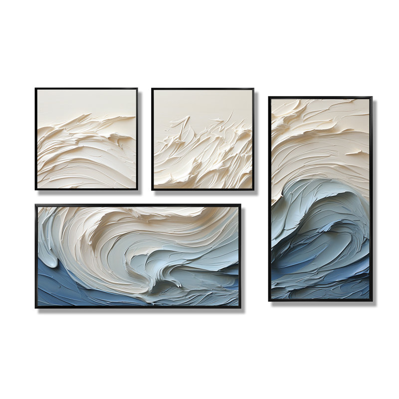 Vague blanche et bleue style papercut - décoration murale bord de mer beige 4 pièces, Noir