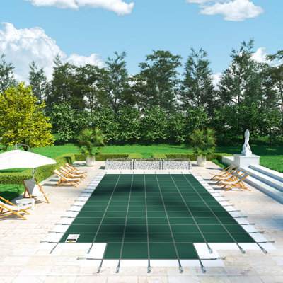 Pool Safety Cover Fits 16x32ft Rectangle Inground Pools, Safety Pool Cover with 4x10ft Center End Step, Mesh Solid Pool Cover with Drainage Holes for Swimming Pool, Winter Safety Cover, Green