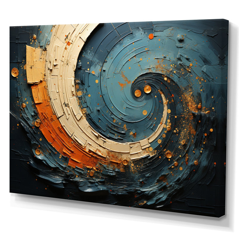Orange bleu sarcelle abstrait, spirales II, Toile tendue, H 34 po x l 44 po x P 1,5 po