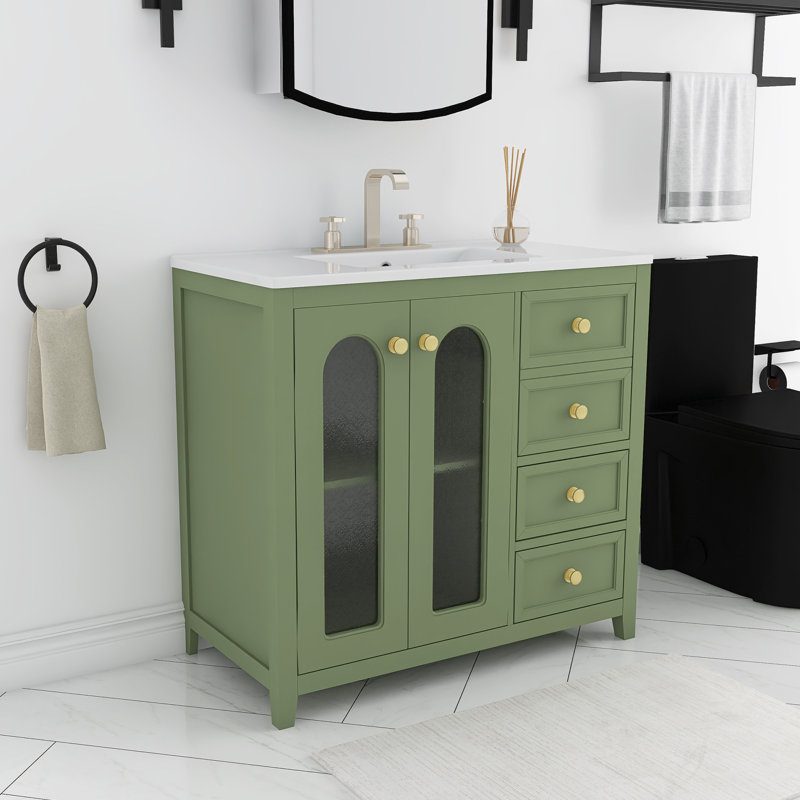 Meuble-lavabo simple autoportant 36 po avec plateau en céramique intégré 36 po, Vert