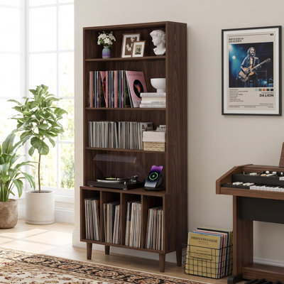 Tall Vinyl Record Storage Cabinet with Open Shelves, Multi-Shelf Bookcase Display Rack with Legs for Living Room, Home Office
