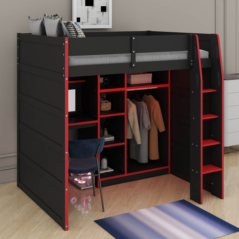Harriet Bee Full Size Wood Loft Bed With Desk,Open Wardrobe And RGB ...