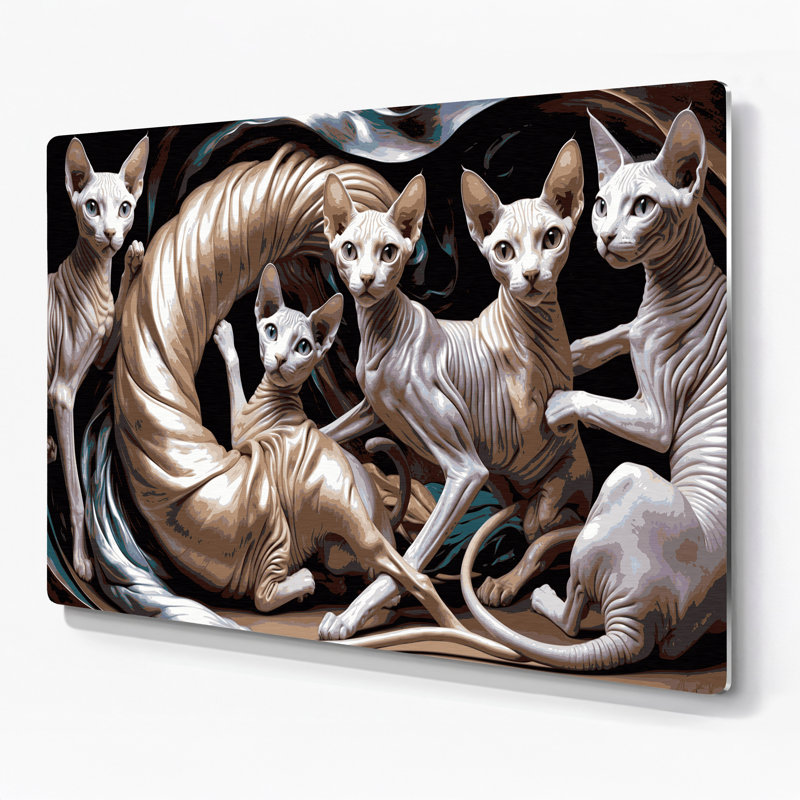Chats Sphynx gris, art mural en métal, H 240 po x l 360 po x P 0,05 po