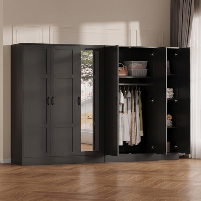 Armoire 3 portes avec miroir pleine longueur, armoire de rangement autoportante avec tablettes réglables et tringle