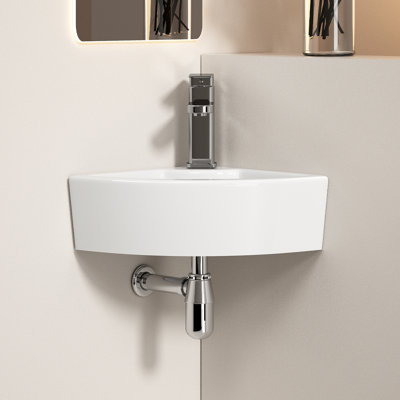 Triangle Corner Sink For Bathroom, Wall Mounted Ceramic Vessel Sink, White Gloss Finish Space-Saving Design For Small Bathroom, Powder Room, Laundry - 17.13 X 12.60 X 5.12 Inch (Faucet Not Included)