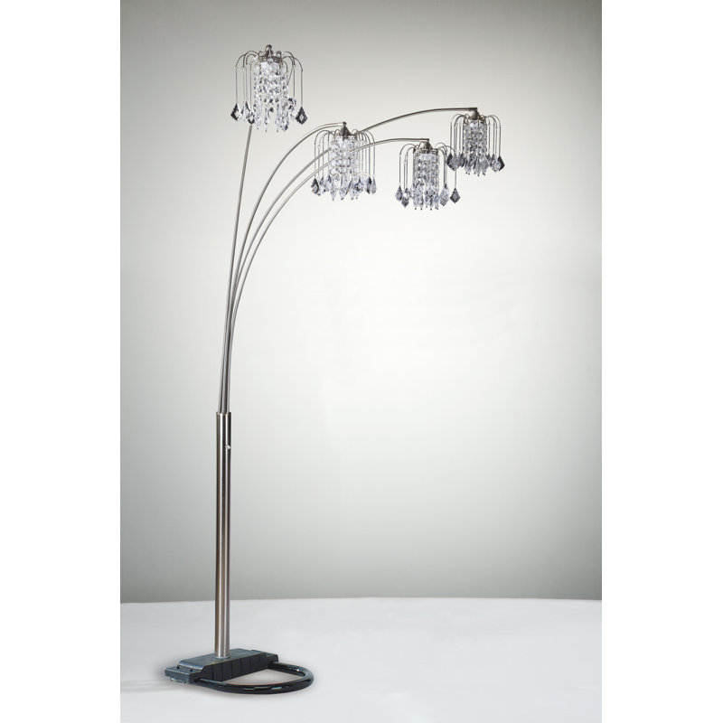 Lampe sur pied à têtes multiples de luxe moderne, design en demi-lune, accents de cristal, finition étain épurée | Idée de cadeau
