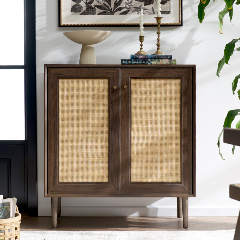 31.5"W 2-Door Rattan Sideboard Accent Cabinet With Solid Wood Legs, Walnut