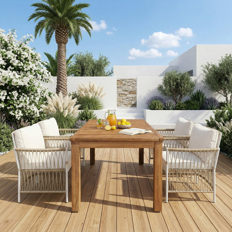 Ensemble de salle à manger en bois 67 po, table rectangulaire avec 4 fauteuils en rotin pour piscine, jardin et jardin