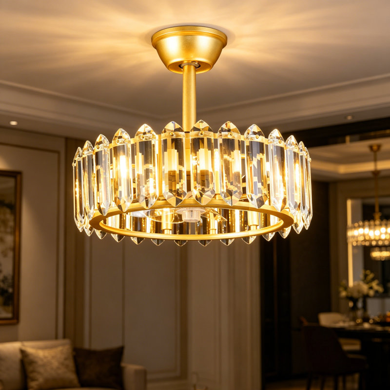 Luxury 20" Gold Prismatic Crystal Flush Mount Ceiling Fan with Lights, Modern Invisible Blades Chandelier Fan Light for Elegant Home Decor,Aureole Radiance,6 G9(Bulb excl)