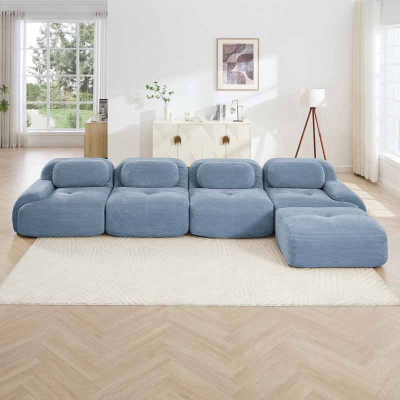4-Seat L-Shaped Sofa In Corduroy Fabric With 32D High Resilience Foam, No Assembly Required., Blue