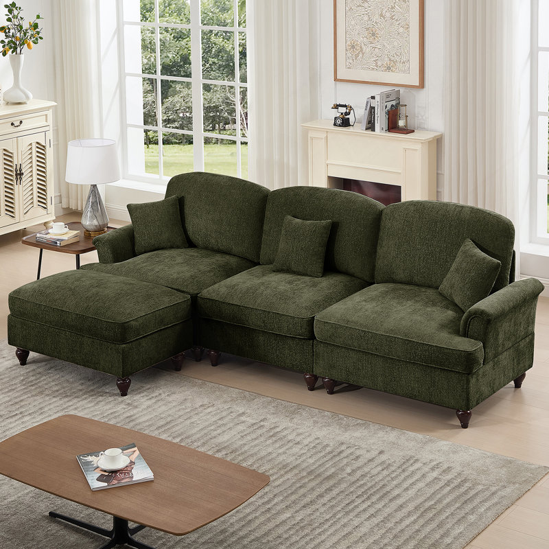 Canapé modulaire en forme de L à trois places Mid-Century avec accoudoirs évasés, volants amovibles et pieds fuselés, canapé en chenille confortable avec repose-pieds mobile