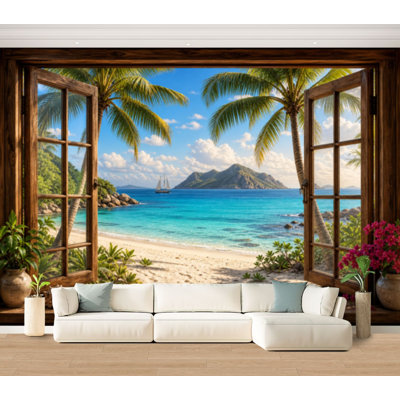 Papier peint adhésif fenêtre, plage, coucher de soleil, océan, palmier, paysage tropical, bord de mer, paysage, papier autocollant amovible, décoration murale pour salon, chambre à coucher H 100 po x l 144 po