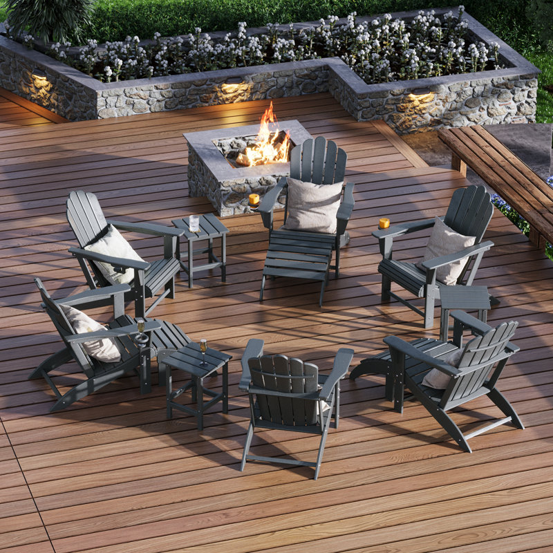 Ensemble de 12 chaises d'extérieur en poly Adirondack avec repose-pieds et table d'appoint, Gris