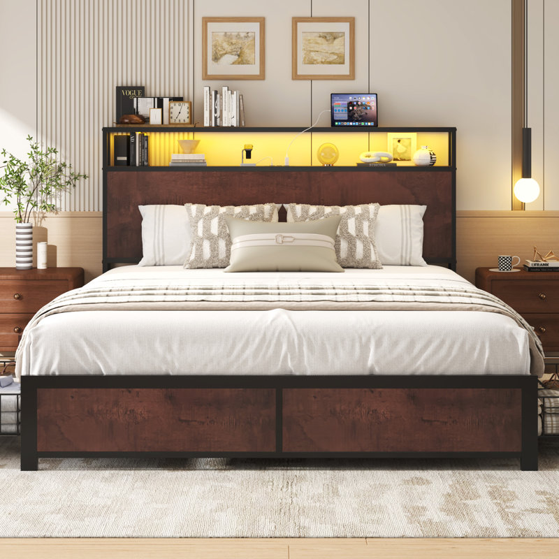 Queen Metal Platform Bed Frame with 2-Tier Storage Headboard,4 Storage Drawers, Built in Charging Station & LED, Noise-Free/No Box Spring Needed, Rustic Brown