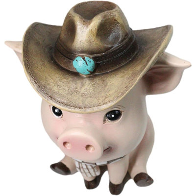Figurine de cochon assis rustique Western avec chapeau de cowboy turquoise et écharpe