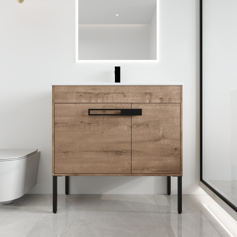 Keyvan Freestanding Bathroom Vanity with Sink, Floor Standing Vanity with 2 Doors and Ceramic Basin Sink Top, 36"