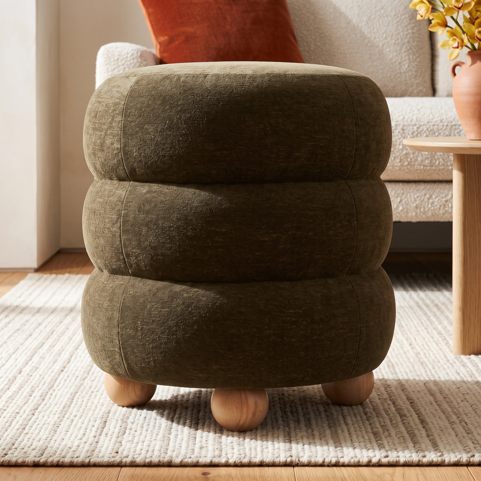 Vincente 17" Ottoman, Dark Olive Green Velvet, Natural