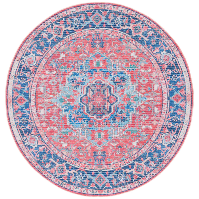 Claunch Oriental Blue/Red Area Rug, Round 6'7"