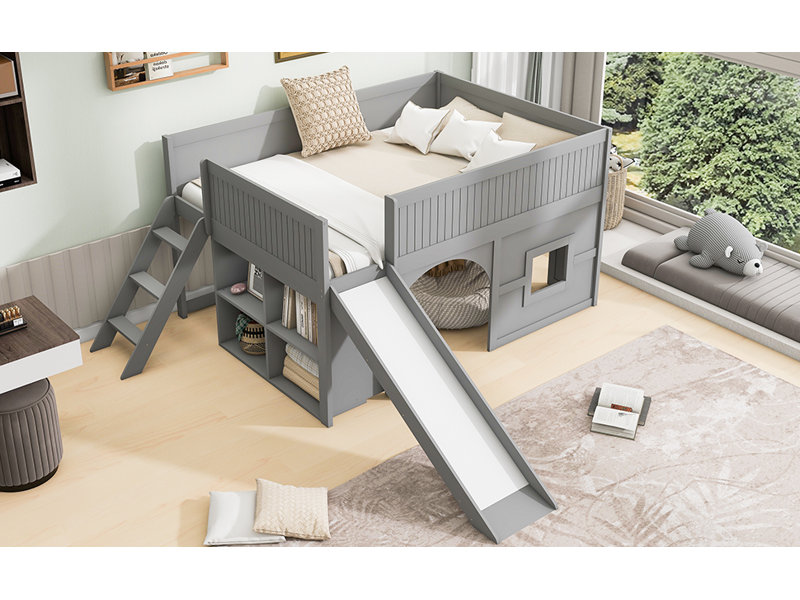Mapleton All-in-One Low Loft Bed With Storage Shelves And Slide, Gray