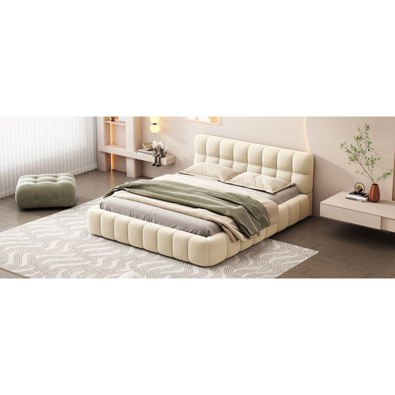 Queen Size Upholstered Platform Bed with Thick Fabric, Grounded Bed with Solid Frame, Beige