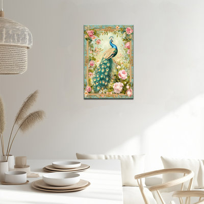 Adriah Elegant Peacock Blue Spread Its Tail, reproduction d'art sur toile encadrée pour le salon, la chambre, la salle de bain, le bureau, la maison, décoration murale, 12 po x 16 po