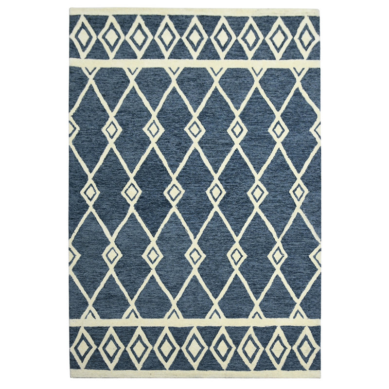 Tapis bleu marine en laine à boucles et crocheté à la main Gittel, Rectangle 5 pi x 8 pi