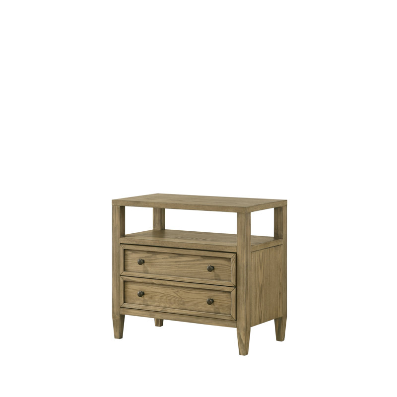 Table de chevet 2 tiroirs rustique brun clair / beige avec tablette ouverte pour une ambiance de chambre à coucher naturelle