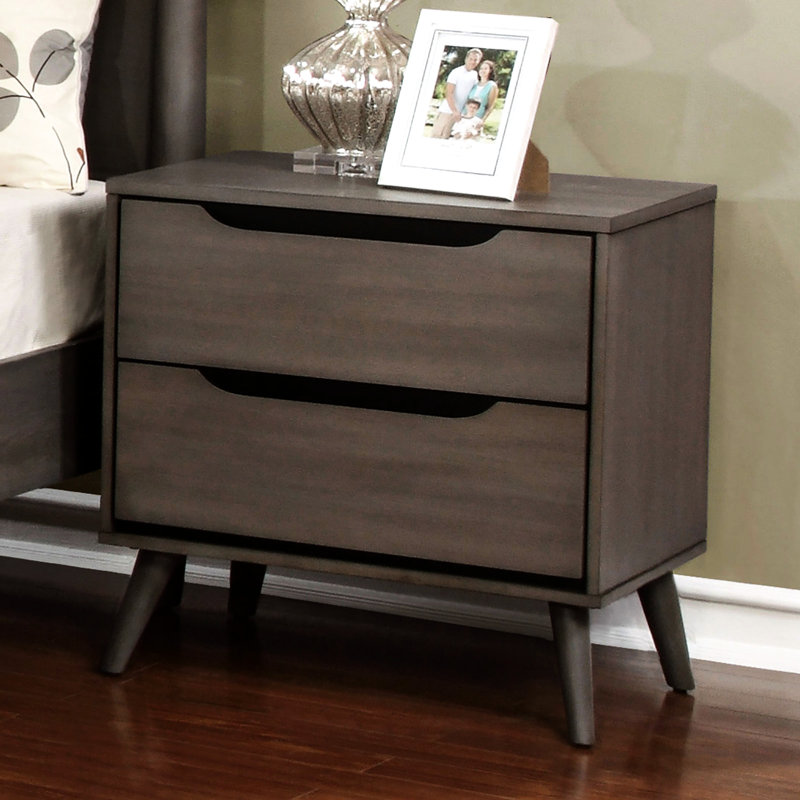 Table de chevet de style Mid-Century moderne en bois massif gris avec 2 tiroirs Mystique