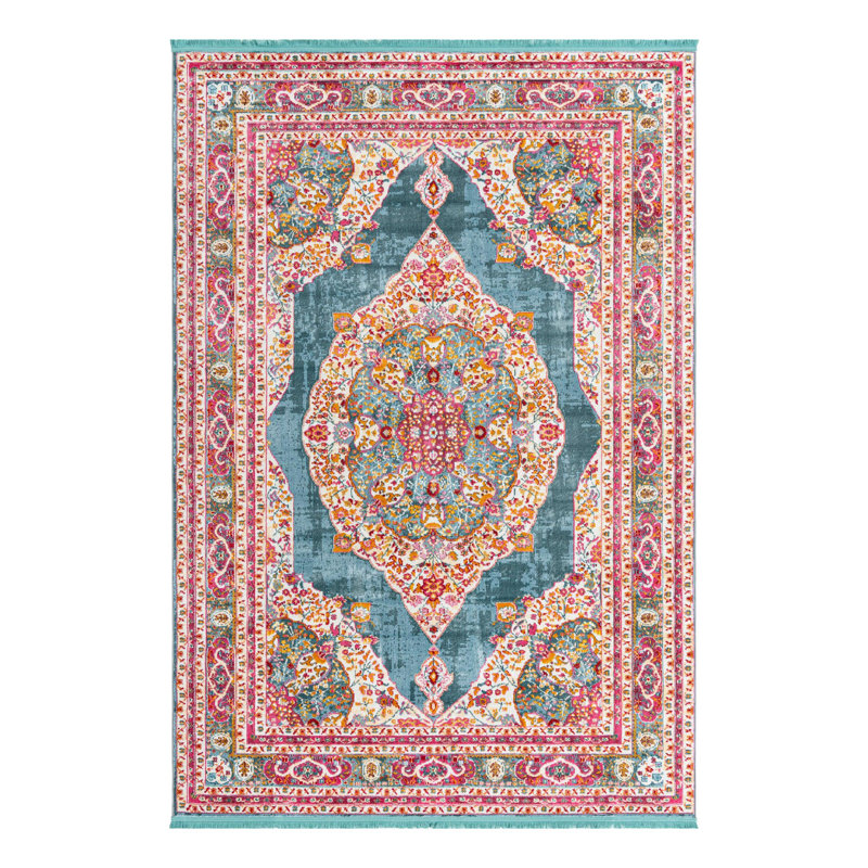 Tapis à motif oriental turquoise Folmar, Rectangle 7 pi x 10 pi