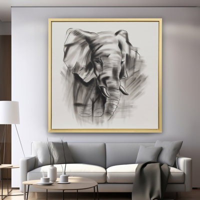 Grand art mural - Éléphant encadré peint à la main - Art mural noir et blanc pour le salon ou la chambre à coucher - Peinture animalière abstraite de 71 po