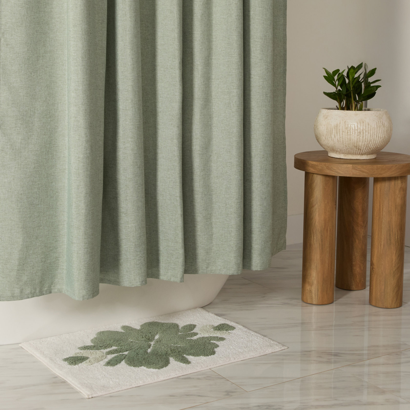 Linen-Look Textured Woven Shower Curtain, Green