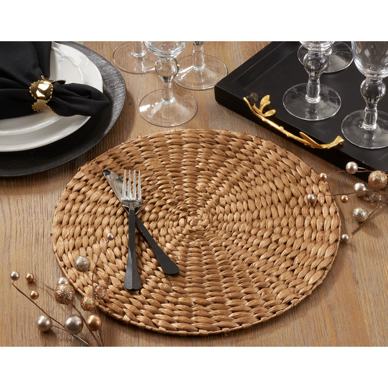 Gold Hand-Woven Water Hyacinth Round Placemats, 15" Set of 4