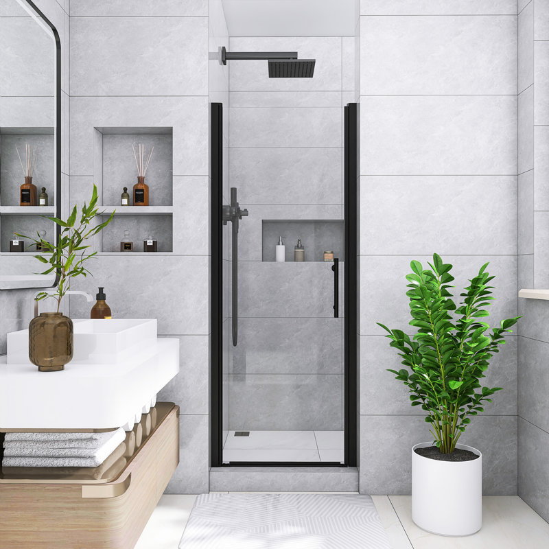 30 In. W X 75 In. H Reversible Pivot Semi-Frameless Shower Door In Matte Black Finish