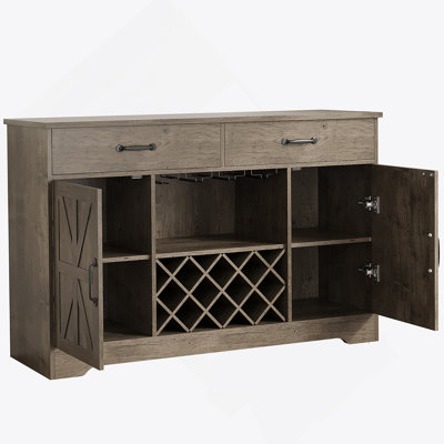 Coffee Bar Cabinet With Storage And Wine Rack, Glass Holder And 2 Drawers, Buffet Console Sideboard For Kitchen Dining Room, Oak Gray
