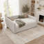 Lit de jour rembourré avec lit gigogne escamotable, structure de canapé beige en tissu de lin capitonné à rayures verticales, lit de repos d'invité robuste pour chambre à coucher, salon, chambre d'amis